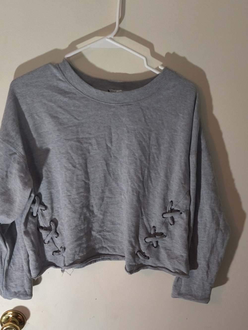 Pink Rose Gray Cropped Lace-Up Sweatshirt